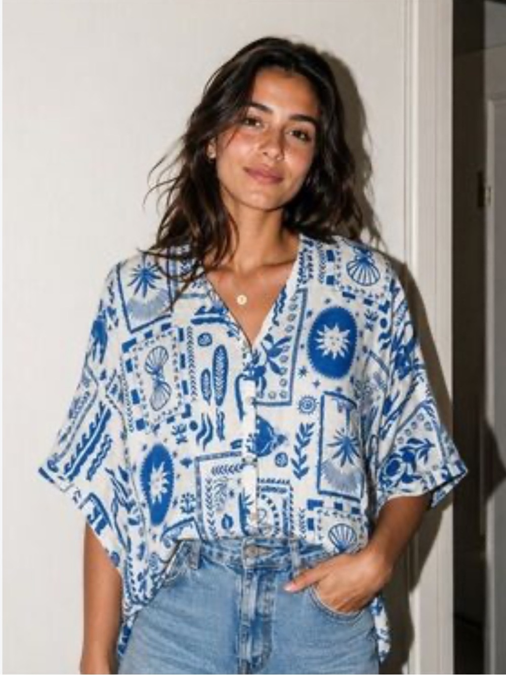 Calypso St. Barth Blue White Linen Blend Blouse Size Small